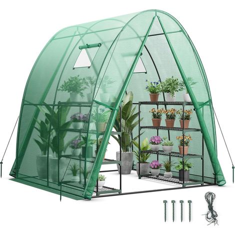 COSTWAY Serre de Jardin avec Housse en PE Résistante aux Intempéries, Serre Tunnel avec Fenêtre Moustiquaires Enroulable 2 Portes Zippées Pochette Latérale, 181 x 181 x 200 cm (Vert) (1/5)