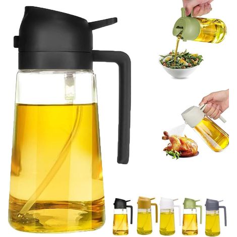 2-in-1 Ölspender und Ölsprüher Ölsprüher zum Kochen, Speiseölspender Sprüher, Ölspender für Küchenspray, 2-in-1-Glas-Olivenölspenderflasche (Schwarz, 470 ml) (1/5)