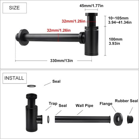 Siphon de Lavabo Noir Universel Tube Siphon de Lavabo Siphon en Acier Inoxydable 1 1/4 x 32mm Salle de Bain Siphon Évier Métal Siphon à Tube Siphon à Tube Syphon Lavabo Reglable Anti Odeur