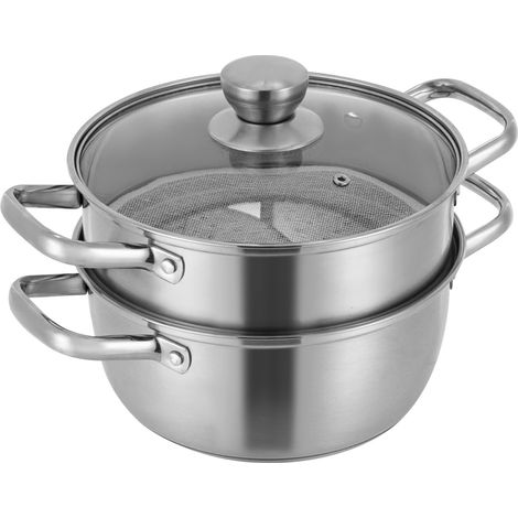 Cuiseur Vapeur et Casserole en Acier Inoxydable Argenté, Rond, 2 Niveaux, 0.26 Gallons, Adapté à Gaz, Induction, Électrique et Céramique (1/5)