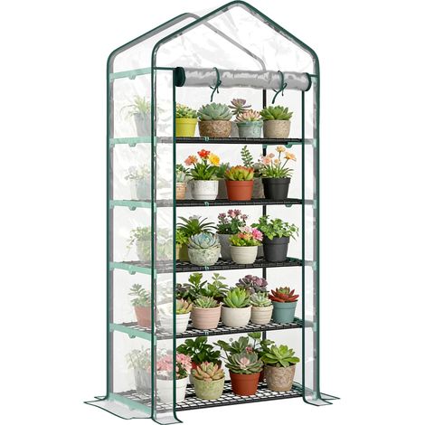PVC-Gartengewächshaus mit 5 Regalböden, Balkongewächshaus, Stahlrahmen, Reißverschlusstür, 90 x 49 x 193 cm, transparent