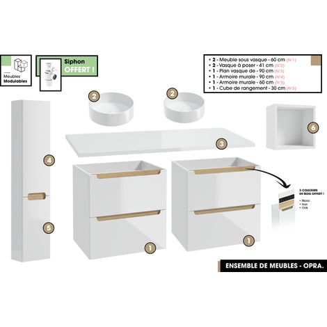 Ensemble complet de salle de bain - Meubles - Armoires - Cube - Vasque à poser avec Siphons OFFERT OPRA 120 x 60 x 45 cm (1/5)