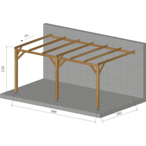 Pergola adossée plate 15 m² – Bois massif épicéa traité autoclave classe 3 – Dimensions 500x300x221 cm – Fixation murale non fournie – Jardinatoire (1/3)