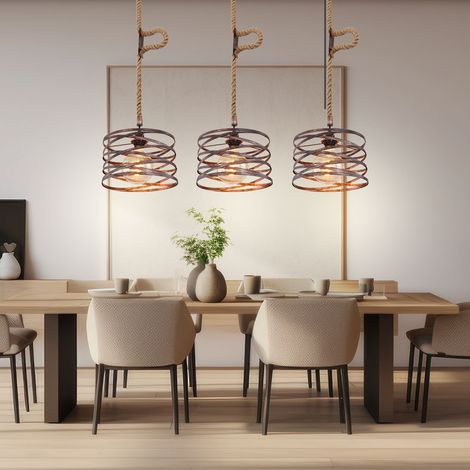 Suspension LED corde de chanvre Rétro Vintage Lampe de salon Style industriel Suspension, couleur rouille, 3x E27 filament LED blanc chaud, LxlxH 115x28x120 cm (1/5)