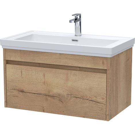 Swainsley Contemporary Wall Hung 1 Drawer Vanity Unit with Traditional 1 Tap Hole Fireclay Basin, 800mm, Autumn Oak