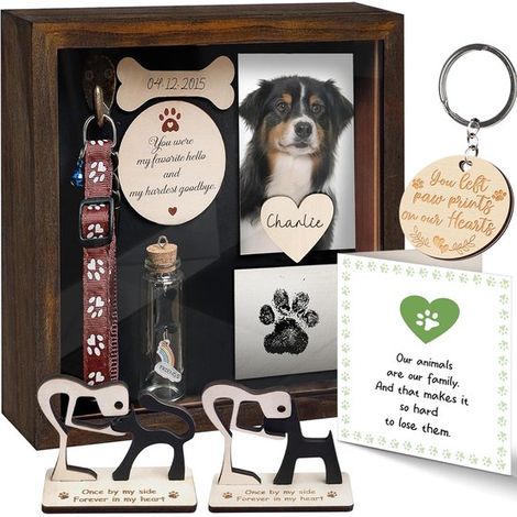 Boîte commémorative pour animaux de compagnie de 20 cm, porte-collier rustique, ensemble de cadres photo avec empreintes de pattes, sculpture de chien en bois, contenant pour cendres et fourrure (1/5)