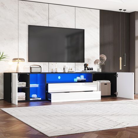 Meuble TV 180 x 40 x 45 cm, meuble TV bas laqué brillant avec éclairage LED, meuble TV avec 2 tiroirs et 2 placards, compatible avec les téléviseurs jusqu'à 75 pouces, meuble TV bicolore noir et blanc