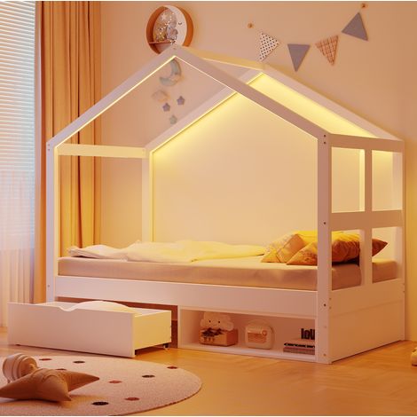 Lit cabane 90 x 190 cm avec tiroirs, range-chaussures et LED multicolore, en bois blanc, pour chambre enfant et ado, structure stable et gain de place - CHICFURN (1/5)