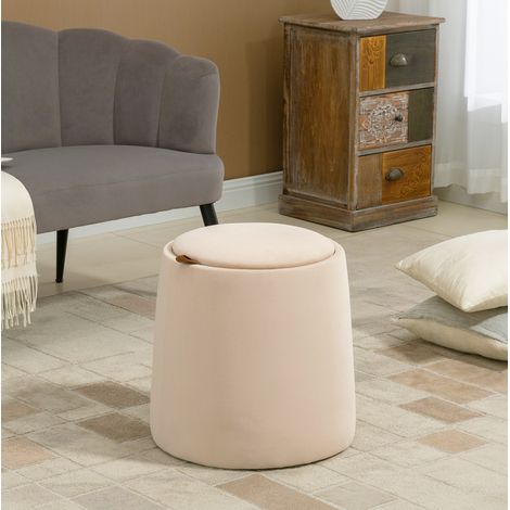 Puf redondo contenedor beige con efecto terciopelo y tapa extraíble Ø44 x 47,5 cm OKWISH (1/5)