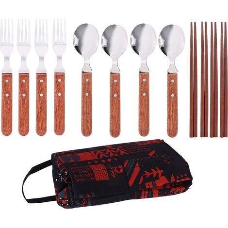 Lot de 12 couverts en acier inoxydable 304 avec manche en bois, service pour 4 personnes, cuillères, fourchettes et baguettes pour pique-nique barbecue, portable pour camping extérieur (1/5)