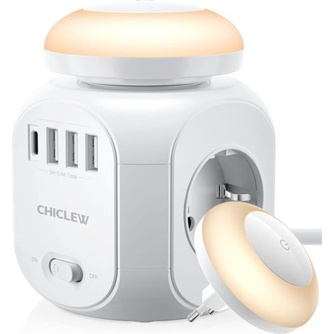 Protecteur de surtension monobloc avec USB, cube multiprise avec 4 prises, 3 ports USB et 1 port de type C, prise de courant avec rallonge de 1,8 m et veilleuse LED pour bureau, maison, voyage