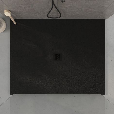 Receveur de douche 110x110 cm extra plat en résine minérale CENTRO surface ardoisée noir Grille noire (1/5)