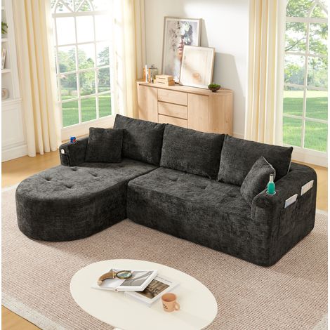 L-förmiges Ecksofa mit hitzebeständigem Edelstahl-Getränkehalter, Seitentaschen und Armlehnen, in Leinen schwarz (1/5)