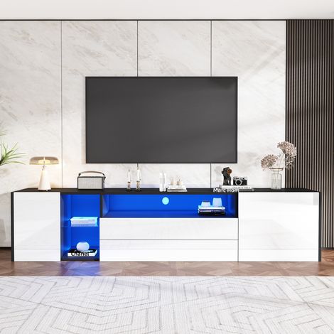 Meuble TV Bas 180 x 40 x 45 cm Design Moderne avec Éclairage LED, 2 Tiroirs et 2 Portes en Bois, Couleur Noir et Blanc (1/5)