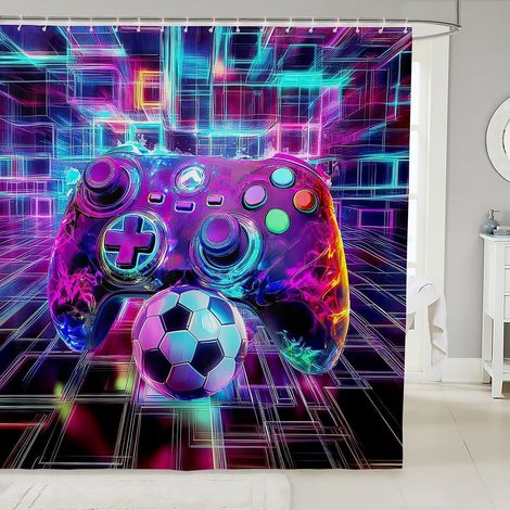 Machine de Jeu Garçons Tissu Rideau Douche 180x200cm,3D Néon Cube Console de Jeu Console de Jeu Rideau de Bain Football Sport Football Rideau de Douche,Décoration de Salle de Bains pour Garçons - 180L (1/5)