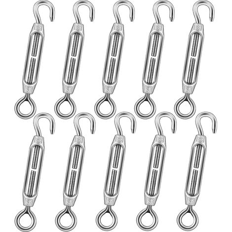 10 tensores de cable de acero inoxidable, tensor de tendedero con gancho y argolla M4, tensor de alambre ajustable para alambre de jardín, alambre de cerca y tendedero exterior. (1/5)