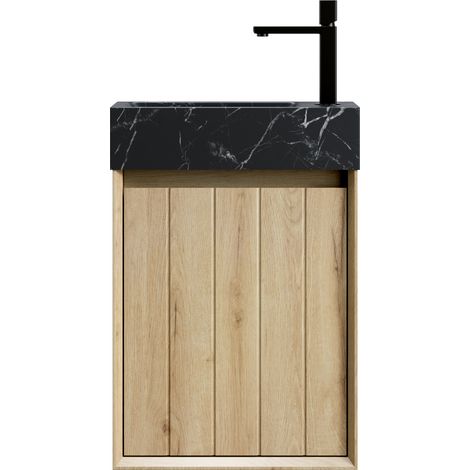 Meuble vasque suspendu 40 cm avec vasque intégrée en marbre noir, porte en bois clair, petit format pour salle de bain, montage facile CHICFURN (1/5)