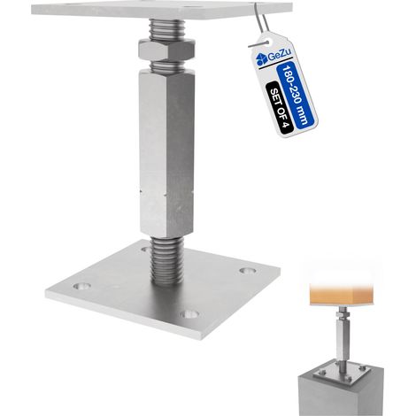 Lot de 4 Pied de poteau carré réglable galvanoplastie 100 x 100 mm – hauteur ajustable 180 à 230 mm avec platine bois pour clôtures – GeZu Impex
