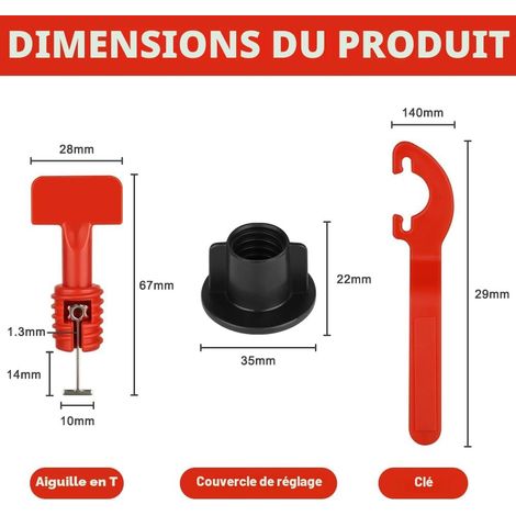 Niveleur de Carrelage, 80 Pièces Réutilisables Kit Nivellement Carrelage Niveleur Cale Carrelage Autonivelant, redresseurs de carreaux avec broches interchangeables 1,5 - Rouge et noir
