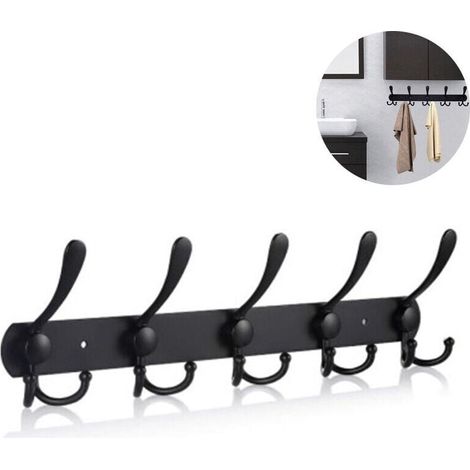 Long wall-mounted coat rack with 5 three-hook coat hooks, wall hooks, wall-mounted coat rack, hook for clothes, jackets, hats, black (1/5)
