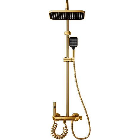 Colonne de douche dorée 4 fonctions avec touches piano, mitigeur chaud/froid à cartouche céramique, pomme haute carrée pluie, douchette à main, bec baignoire et bidet pulvérisateur, ensemble de douche (1/5)