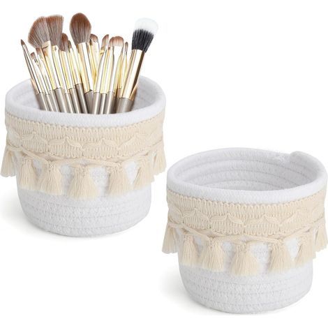cestini in cotone Boho, 10 x 10 cm, organizer per trucchi e porta pennelli, cestino decorativo intrecciato per tavolo da trucco, bagno, ufficio, porta penne e accessori per il trucco con 15 (1/5)