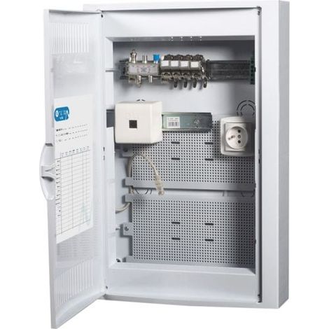 Coffret de communication avec 4 connecteurs RJ45 CAT6 – Prise DTI et répartiteur TV inclus – Pour câblage téléphonique et internet – Nalto