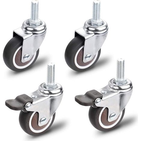 Roulettes pour Meubles, 2 Pièces Roulette Pivotante avec Frein + 2 Pièces Roulette Pivotante sans Frein, M10x25mm Universelles Roulettes pour Meubles, Capacité de Charge 40 KG par Roulettes