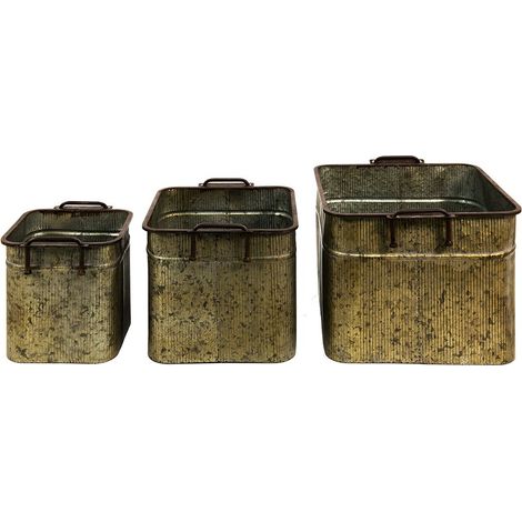 Lot de 3 Seaux Décoratifs en Fer Aspect Zinc Bassines de Décoration Gris 42 x 38 x 28 cm - PANGIVO (1/4)