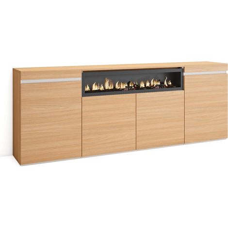 Skraut Home - Credenza, Mobile, Cucina, Madia, mobile ingresso, 200x35x75cm, 4 Porte, Camino elettrico, Stile moderno, Rovere soft e bianco (1/5)