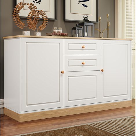 MEUBLIV Sideboard blanc et décor bois 135,5 cm - 3 portes, 2 tiroirs, rangement multifonction (1/5)