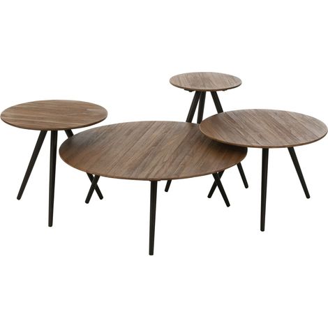 Lot de 4 tables basses rondes en teck marron et métal noir - DOXY (1/5)