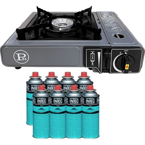 Réchaud Gaz Portable 1 Feu 2200W + 8 Cartouches gaz Butane Camping Randonnée Cuisine Extérieure INTEC (1/5)