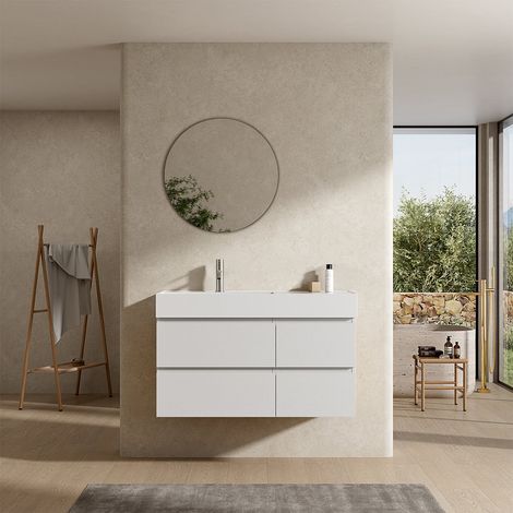 Mobile bagno sospeso 100 cm Bianco Lavabo a Sinistra in Resina Specchio Tondo - Fiji Wood (1/4)
