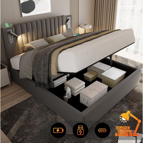 DESVIAE Lit double 180x200 cm avec rangement sommier relevable tête de lit réglable avec liseuses USB et USB C tissu coton gris (1/5)