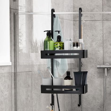 Extra großer Duschkorb aus Aluminium, kein Bohren erforderlich, hängender Shampoo-Halter mit Haken, für Bad und Küche, mattschwarz (1/5)