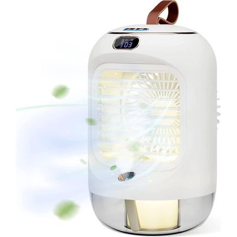 Portable Air Conditioner, 4-in-1 Mini Air Cooler with 3 Speeds, Night Light, 180° Oscillation, Rechargeable Humidifier for Bedroom, Office, Camping (White) (1/5)
