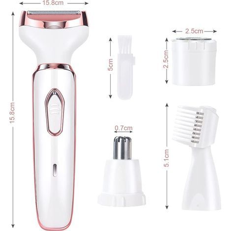 Rasoir électrique 4 en 1 pour femme, rechargeable, indolore, avec tondeuse bikini, utilisable sur peau sèche ou humide pour le visage, les jambes, les aisselles, le nez et les sourcils. (1/4)