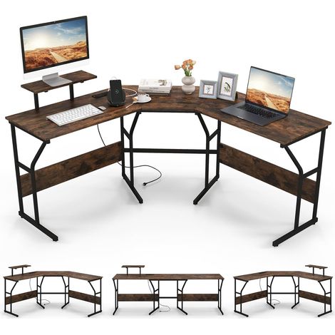COSTWAY Bureau en Forme de ‘L’ avec Prises de Courant, Bureau d'angle avec Support d'Ecran Amovible, Poste de Travail Informatique de 225 cm de Long pour 2 Personnes (Marron Rustique) (1/5)