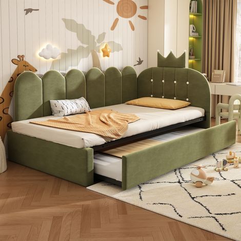 REDOM Cama infantil 90x200 cm con cama nido, terciopelo verde (Sin colchón)