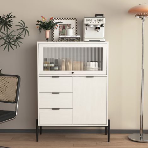 Buffet 85x40x120 cm avec 3 tiroirs et 1 porte en bois 1 porte vitrée, pour salle à manger et salon, blanc (1/5)