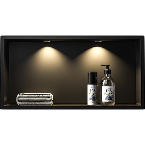 Douche murale encastrable en acier inoxydable avec spot LED 60 x 30 cm - Étanche - Pas de carrelage nécessaire - Rangement de salle de bain - Niche - Noir mat (1/5)