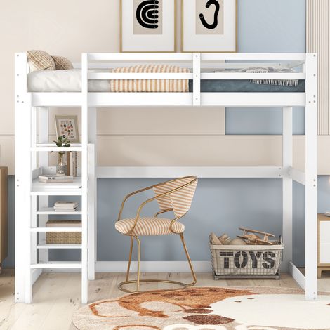 Cama alta MEUBLIV 140x200 cm blanca con escritorio integrado y almacenaje, sin colchón (1/5)