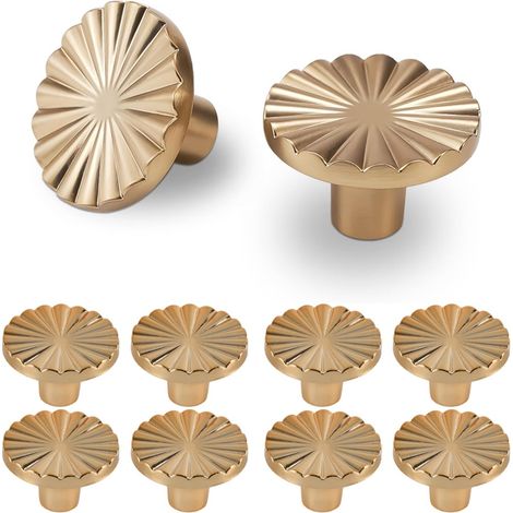 Poignées de porte - Poignées de tiroir plates en laiton - Boutons de meuble - Lot de 10 - Boutons ronds - Design robuste - Poignées de tiroir de cuisine - Doré - 38×38×24 mm (1/5)