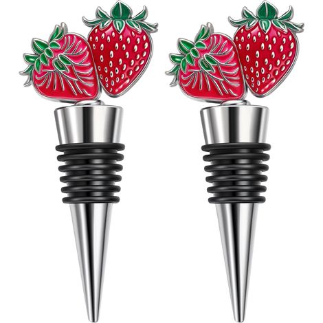 Bouchon à vin en forme de fraise 2 pièces, bouchon en alliage de zinc et silicone réutilisable et étanche, pour cadeaux de vacances et fêtes (1/5)