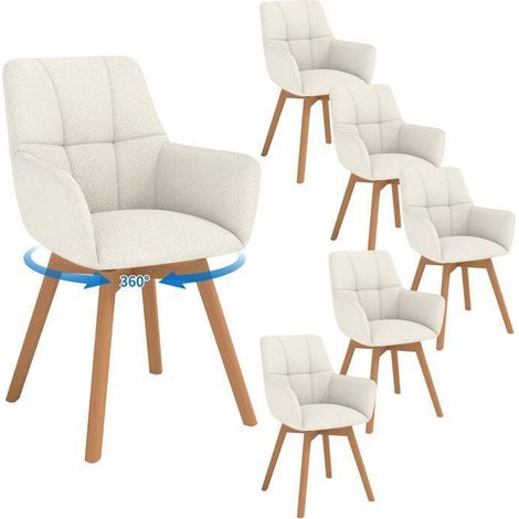 WAFTING Lot de 6 Chaises de Salle à Manger Pivotantes 360°, Accoudoirs et Pieds Bois, Dossier en Fausse Laine d’Agneau, Blanc (1/5)