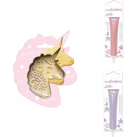 Kit pour biscuit en relief Licorne + 2 Stylos au chocolat rose pastel et lilas