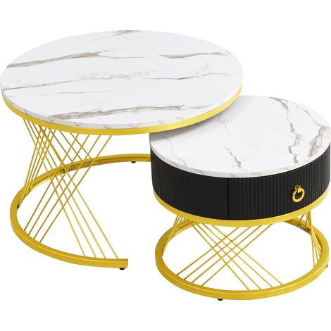 Table basse modulable élégante: aspect marbre, décor doré, table d’appoint avec tiroirs – lot de 2 (1/5)