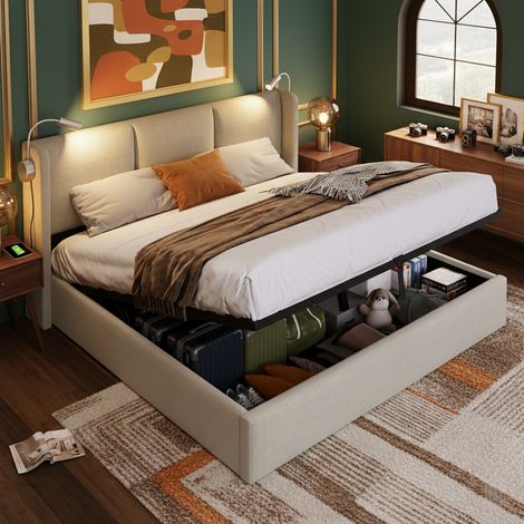 Doppel-Stauraumbett 160x200 cm, Leselampe mit Ladefunktion, Lattenrost, Metallrahmen, Leinenmaterial, Bett à Hydraulikpolsterung, Adapté aux adultes und adolescents, Beige (1/5)