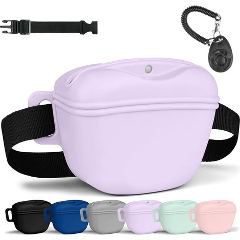 Sac Friandise pour Chien en Silicone, Accessoires Sac D'entraînement Doggie Treat Sac Pochette, Sacs de Nourriture Portables pour Promenades Chien avec Clicker et Ceinture Dressage(Violet)